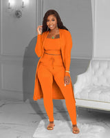 Velmira™-Set mit Kurz Geschnittenem Oberteil, eng Anliegender Hose und Locker Fallendem Cardigan in Orange
