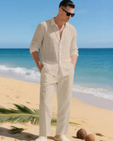 Luca™ Baumwoll-Leinen-Set mit Button-Down-Hemd in Beige