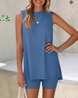 Ellyn™-Set aus Leichtem Strick mit Weitem Tanktop und Figurbetonten Shorts in Blau