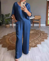 Marevielle™ Set Aus Satinartigem Stoff Mit Lockerer Bluse und Fließender Pantalonhose in Blau