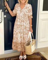 CATHY - Elegantes Blumenmusterkleid mit V-Ausschnitt in Khaki