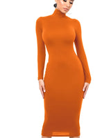 Damen Langarm Rollkragen Midi Etui Kleid in Orange