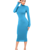 Damen Langarm Rollkragen Midi Etui Kleid in Blau