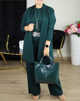 Evanna™ Set mit Basic-Shirt, Langem Cardigan und Gerade Geschnittener Hose / Diskrete Eleganz, die Selbstvertrauen Ausstrahlt! in Dunkelgrün