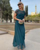 Athen™ Maxikleid mit kurzen transparenten Ärmeln und Stufenrock in Grün