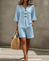 Helene™ Leinen-Baumwoll-Set Mit V-Ausschnitt Und Locker Fallender Shorts in Blau