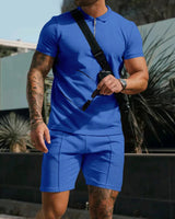 Pietro™ Premium-Strickset mit Struktur mit Zip-Poloshirt in Blau
