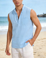 Sebastien™ Tanktop aus Baumwoll-Leinen mit Stehkragen in Blau