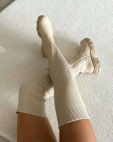 Annika | Damen Gerippte Stiefel mit klobiger Sohle in Beige