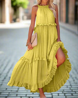 Damen Ärmellos A-Linie Maxi Sommerkleid in Gelb Grün