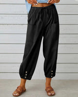 Kobe™ Baumwoll-Leinen-Hose mit Fronttaschen und verstellbarem Kordelzug in Schwarz