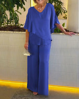 Mirelly™-Set aus Premium-Strick mit Asymmetrischem Oberteil und Eleganter Hose in Blau