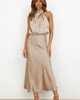 LARA | SATIN KLEID in Beige