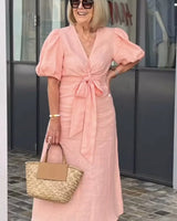 Natasha - Elegantes V-Ausschnitt Kleid in Pink (Fast ausverkauft)