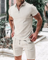 Pietro™ Premium-Strickset mit Struktur mit Zip-Poloshirt in Khaki
