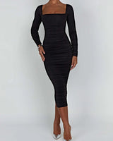 Damen Langarm Quadratausschnitt Midi Etui Kleid in Schwarz