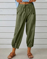 Kobe™ Baumwoll-Leinen-Hose mit Fronttaschen und verstellbarem Kordelzug in Grün