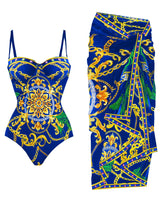 Alenya | Dein figurformender Push-Up-Einteiler mit passender Strandrobe in Dunkelblau / Gold