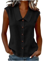 Celinea™ Baumwoll-Leinen-Bluse Mit Elegantem Kragen Und Vorderen Knöpfen in Schwarz