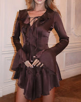 Satin-Rüschen-Minikleid in Braun