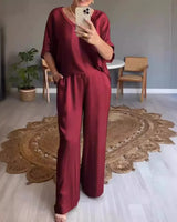 Marevielle™ Set Aus Satinartigem Stoff Mit Lockerer Bluse und Fließender Pantalonhose in Bordeauxrot