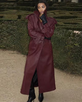Marie | Damen Langer Winter-Trenchmantel aus Leder in Burgund