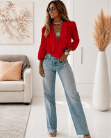 Greta | Elegante V-Ausschnitt Bluse mit langen Ärmeln & Rüschen in Rot