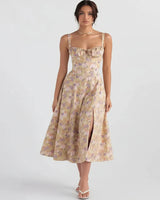 Linda | Damen Blumenkleid Korsett Seitenschlitz Midi – Blumen Korsett Midi 2026 in Rosenholz