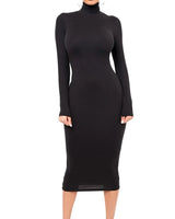 Damen Langarm Rollkragen Midi Etui Kleid in Schwarz