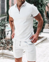 Pietro™ Premium-Strickset mit Struktur mit Zip-Poloshirt in Weiß