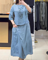 Bellarive™ Set Aus Baumwoll-Leinen Mit Weiter Bluse und Wickelrock in Blau