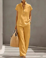 Marelisse™ Set aus leichtem und atmungsaktivem Stoff mit lockerer Bluse und weiter Hose in Gelb