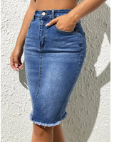Damen Hoher Taille Knie-Länge Bleistift Jeansrock in Blau