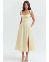 Linda | Damen Blumenkleid Korsett Seitenschlitz Midi – Blumen Korsett Midi 2026 in Gelbes Linsay