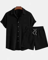 Jorvian - Strukturiertes Set aus Sommerhemd und Shorts in Schwarz