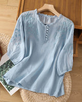 Aurora | Blumenmuster Rüschenbesatz Bluse in Blau