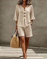 Helene™ Leinen-Baumwoll-Set Mit V-Ausschnitt Und Locker Fallender Shorts in Khaki