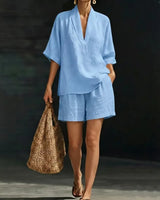 Ayla™ Baumwoll-Leinen-Set mit V-Ausschnitt-Bluse in Blau