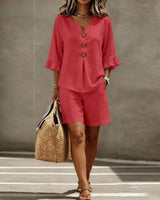 Helene™ Leinen-Baumwoll-Set Mit V-Ausschnitt Und Locker Fallender Shorts in Rot