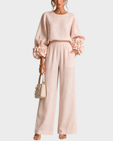 Mersada – Set Aus Langärmeligem Oberteil mit Blumenmuster Und Weit Geschnittener Hose in Rosa