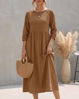 Sommerkleid Midi Damen Empire Taille Dreiviertelarm und Seitentaschen in Braun