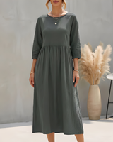 Sommerkleid Midi Damen Empire Taille Dreiviertelarm und Seitentaschen in Grau
