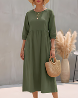 Sommerkleid Midi Damen Empire Taille Dreiviertelarm und Seitentaschen in Grün