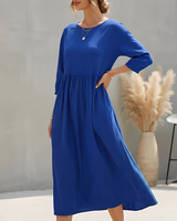 Sommerkleid Midi Damen Empire Taille Dreiviertelarm und Seitentaschen in Blau