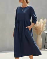 Sommerkleid Midi Damen Empire Taille Dreiviertelarm und Seitentaschen in Dunkelblau