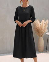 Sommerkleid Midi Damen Empire Taille Dreiviertelarm und Seitentaschen in Schwarz