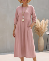 Sommerkleid Midi Damen Empire Taille Dreiviertelarm und Seitentaschen in Rosa