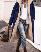 Steppmantel Damen Lang mit Teddyfutter und Kapuze in Marineblau