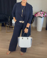 Evanna™ Set mit Basic-Shirt, Langem Cardigan und Gerade Geschnittener Hose / Diskrete Eleganz, die Selbstvertrauen Ausstrahlt! in Blau