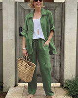 Yasmine™ Baumwoll-Leinen-Set mit Button-down-Hemd und verstellbaren Ärmeln in Grün